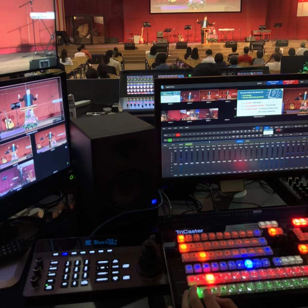 video switcher setup for house of worship,showcasing advanced equipment.